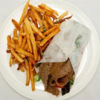 Gyro Sandwich Lunch · Sliced gyro wrapped in pita bread, onions, tomatoes, lettuce, tzatziki sauce, fries.