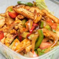 Chicken Teriyaki Salad · Grilled teriyaki chicken, peppers and onions, lettuce, and tomatoes.
