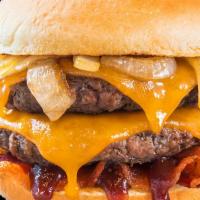 Bbq Bacon Cheddar Burger · Rustle up your hunger for two 100% grass-fed, organic beef patties topped with bacon, two sl...