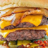 Fiery Burger · Two 100% grass-fed, organic beef patties topped with cheddar cheese, hot pepper relish, jala...