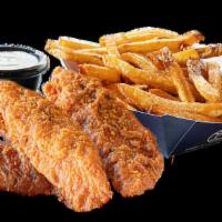 Three Chicken Tenders With Fries · Choice of two or three crispy or grilled organic chicken breast tenders on a bed of fries wi...