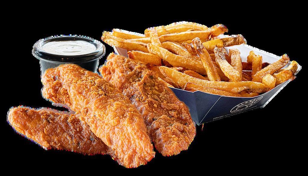 Two Chicken Strips With Fries · Choice of two or three crispy or grilled organic chicken breast strips on a bed of fries with choice of dipping sauce.