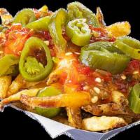Fiery Fries · Bring on the heat! A bed of fresh fries topped with melted cheddar cheese, hot pepper relish...