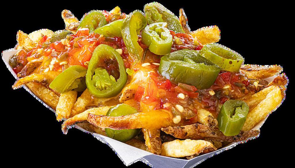 Fiery Fries · Bring on the heat! A bed of fresh fries topped with melted cheddar cheese, hot pepper relish and jalapeños.