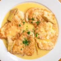 Chicken Francese  · Made in a Lemon, White Wine Sauce with Artichoke Hearts.