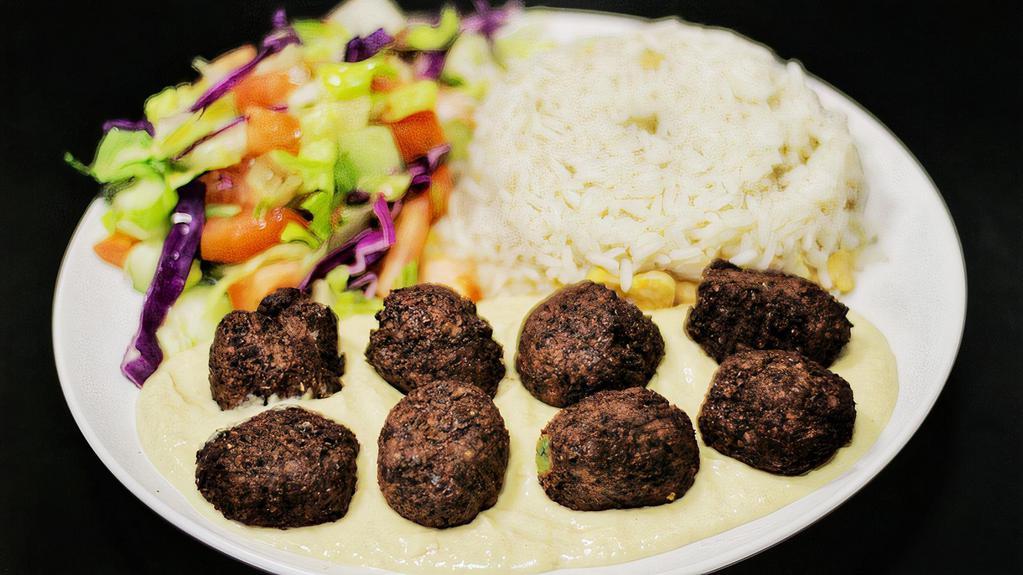 Falafel · Lightly fried vegetable balls made of chickpea, onions, parsley, and blended with Turkish spices served with rice, hummus and seasoned salad.