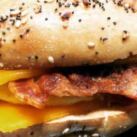 Bacon, Egg, And Cheese · Bacon, scrambled egg patty, and cheddar cheese on choice of bagel