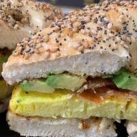 Bacon, Egg, And Avocado · Bacon, scrambled egg patty, and avocado on your choice of bagel