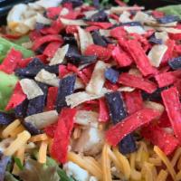 Chicken Southwest Salad · Spring mix, chicken, avocado, tomatoes, corn/bean mix, cheddar cheese, and tortilla strips. ...
