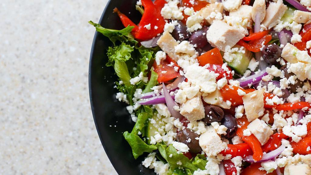 Greek Salad With Chicken · Spring Mix, Chicken, Kalamata Olives, Roasted Red Peppers, Red Onion, Tomatoes, Cucumbers, and Feta Cheese. Comes with our house made Greek Dressing on the side.