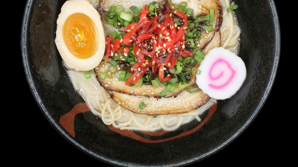 Tonkotsu Ramen · Classic pork broth, topped with egg, chashu pork, bamboo shoots, red ginger and scallion