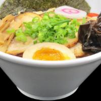 Shoyu Ramen · Soy sauce pork broth, topped with kikurage, egg, chashu pork, bamboo shoots, and scallion