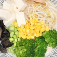 Nyu · Vegetarian soy broth top with broccoli kikurage (wood ear), edamame, corn, bamboo shoot, bea...