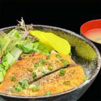 Grill Salmon Donburi · Grill salmon with salt and lemon. Served in oversized rice bowls with miso soup
