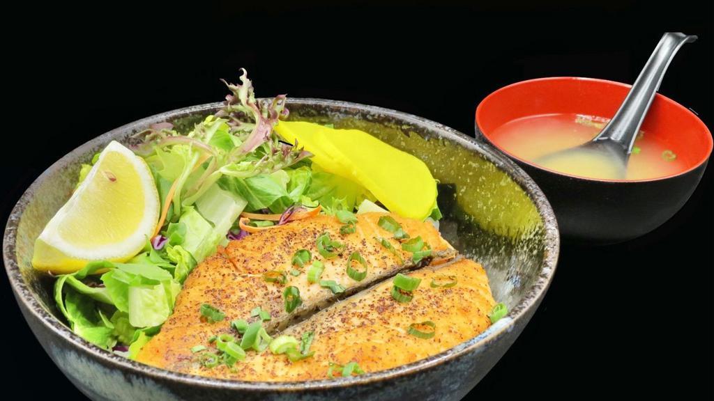Grill Salmon Donburi · Grill salmon with salt and lemon. Served in oversized rice bowls with miso soup