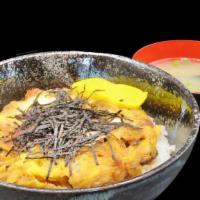 Unatama (Eel & Egg) Don · Eel & egg in tentsuyu sauce. Served in oversize rice bowls with miso soup