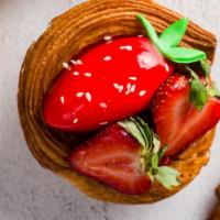 Strawberry Lemon Verbena Tart  · Strawberry compote, lemon verbena mousse, fresh strawberries, and almond frangipane in a lam...