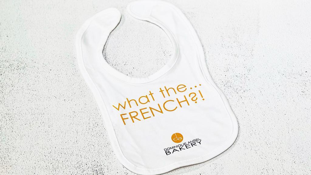 What The French?! Baby Bib · What the French?! We love this adorable cotton baby bib - and it's perfect for your littlest gourmet foodie.

100% cotton, one size, velcro fastening, machine washable.