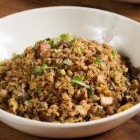 L+C Fried Rice · 8-grain rice, wheat berries, char siu, chicken, smoked bacon, white onions, scallions, eggs
