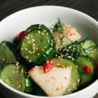 Sesame Cucumbers · Red radishes, goji berries, Fresno chilies