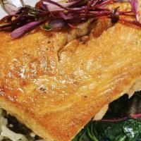 Pan Seared Salmon · Choice of lemon dill sauce or sesame crusted served with rice and mixed vegetable