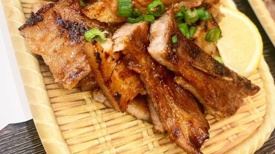 Grilled Pork Belly · Marinated and grilled pork belly served with vinegar & garlic deeping sauce.