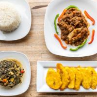 Medium Veggie Legume · Served with your choice of rice, collard greens or cabbages, plantains.