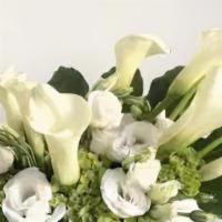 Pearl · A beautiful all white arrangement with callas, green hydrangea and white lisi