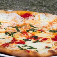 Margherita Pizza · Plum-tomato sauce, basil, and fresh mozzarella cheese.