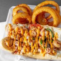 Shrimp & Salmon Cheesesteak · Fresh salmon and shrimp with onions, peppers and special sauce! Served with fries.