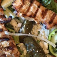 Grilled Chicken Over Greek Salad · Comes with lettuce, tomatoes, onions, cucumbers, sweet peppers, hot peppers, Feta cheese, an...