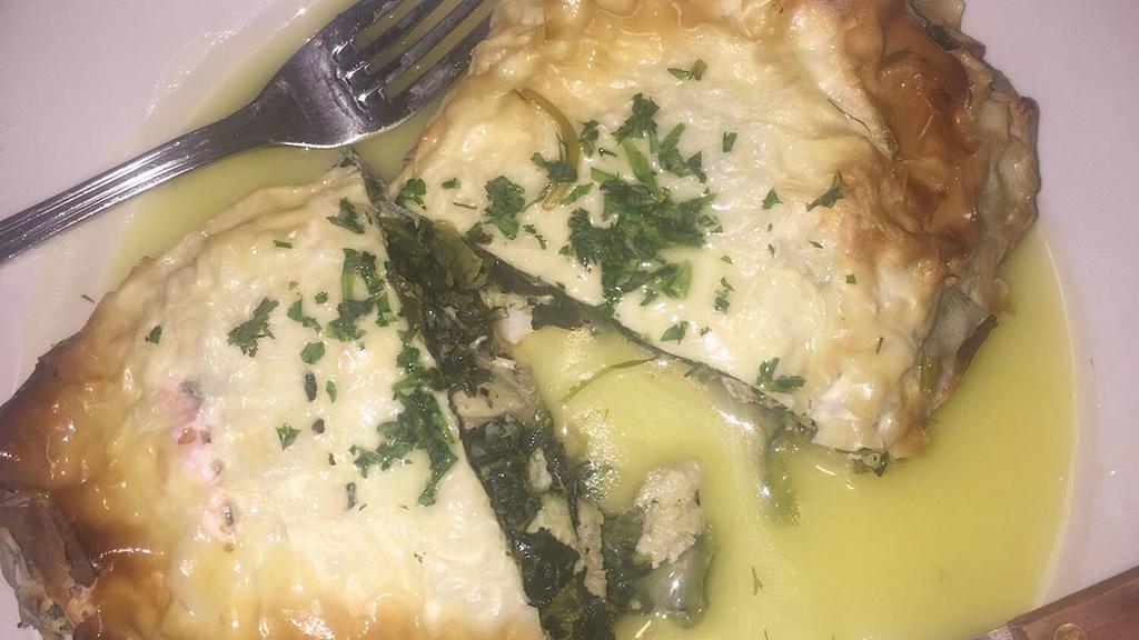 Chicken & Spinach Pie · Chicken and spinach with Feta cheese in filio.