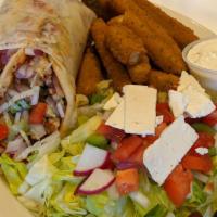 Chicken Gyro · Marinated Chicken strips wrapped in a pita with lettuce, tomato, onion and tzatziki sauce, s...
