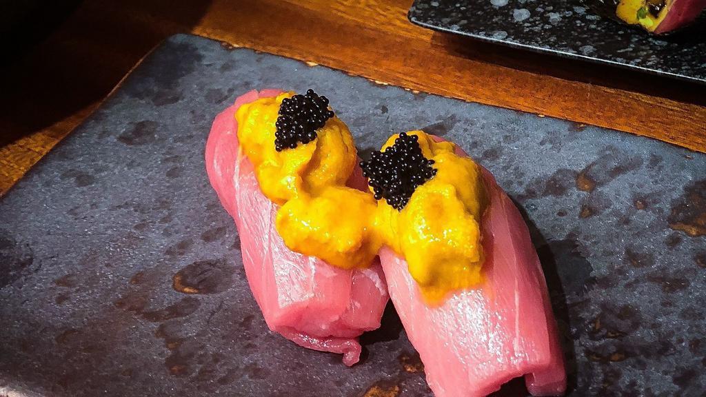 Otoro With Uni · 2 pieces of fatty tuna belly with our best uni.