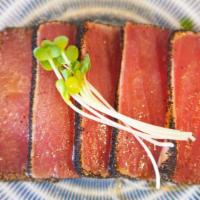 Seared Pepper Tuna · With daikon in ponzu.