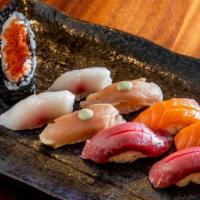 Set A. Edamame · 8 Pc sushi and spicy tuna hand roll, 
Fish is assorted but usually contains salmon, tuna amo...