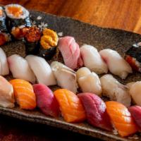 Set C. Edamame · 20 piece sushi and two hand rolls (Tuna, salmon, scallop, eel, Seared Tuna, mackerel, clam, ...