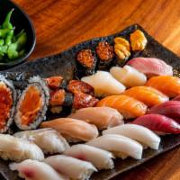 Set D. Edamame · 24 piece sushi and two hand rolls (Tuna, salmon, wild Alaska salmon, scallop, eel, Seared Tu...