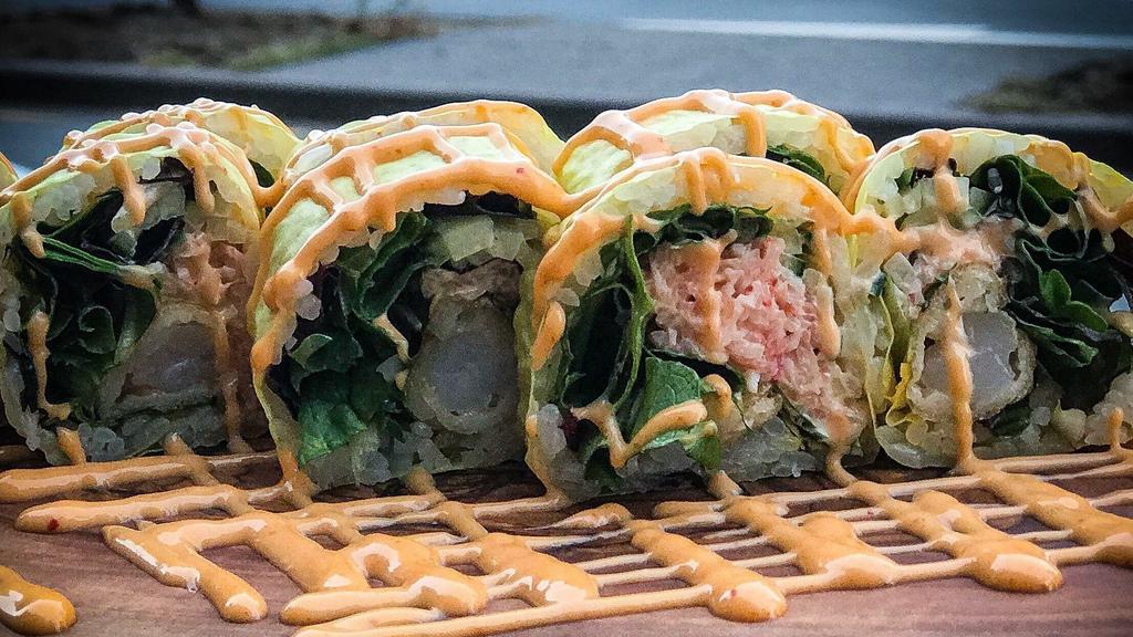 Kyoto Roll · Soy paper, lettuce, tempura Shrimp and Spicy mayo.
