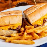 Philly Cheese Steak · Hearty Seasoned Beef, Onions, Melted American Cheese, Italian Long Roll.