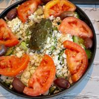 Greek Salad · Romaine lettuce hearts, tomato, green peppers, cucumbers, red onions, kalamata olives, feta ...