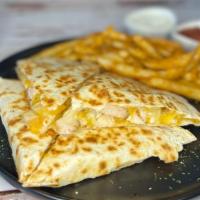 Chicken Quesadilla · Grilled chicken, Cheddar, Monterey, and feta cheese with a touch of chipotle sauce. Served w...