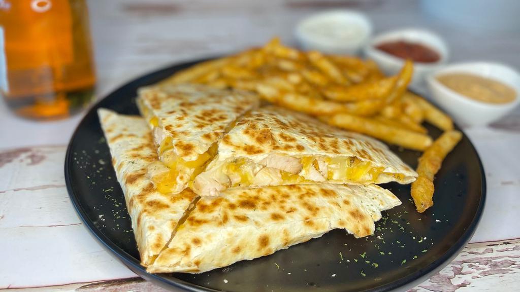 Chicken Quesadilla · Grilled chicken, Cheddar, Monterey, and feta cheese with a touch of chipotle sauce. Served with salsa and sour cream and fries.