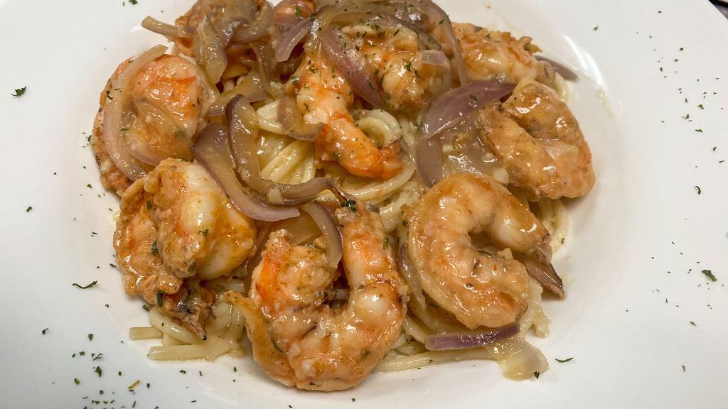 Sparta Shrimp · Sautéed shrimp with garlic, red onions, cooked in a creamy sherry sauce, served over rice, mashed potato or linguini.