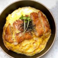 Chicken Katsu Don · Fried Chicken, Egg, Onion / Over rice.