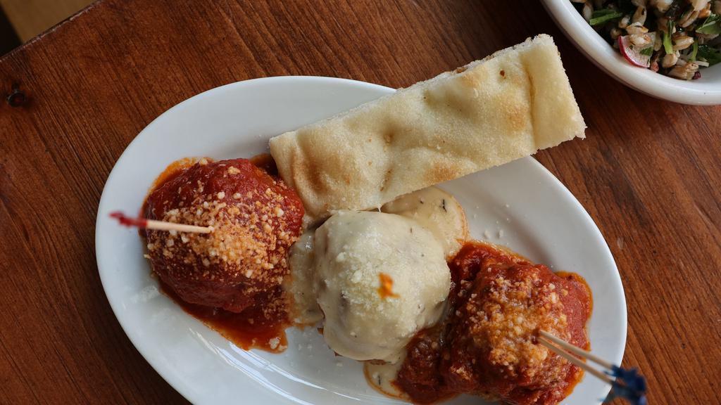 Ball Trio Sampler · 3 of our most popular ball and sauce combinations: classic ball + classic tomato sauce, spicy pork ball + spicy meat sauce, chicken ball + parmesan cream sauce
