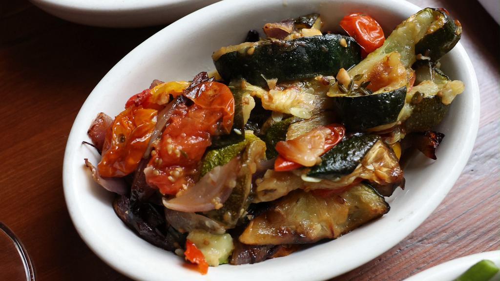 Zucchini · Roasted with red onions and cherry tomatoes. Vegan and gluten free.