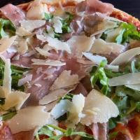 Prosciutto Di Parma · Fresh mozzarella, tomato sauce, arugula, prosciutto di parma, shaved parmigiano, virgin oliv...