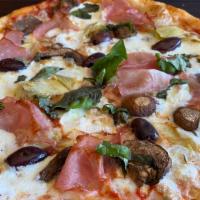 Capricciosa · Fresh mozzarella cheese, tomato sauce, wild mushrooms, ham, black olives, artichokes, virgin...
