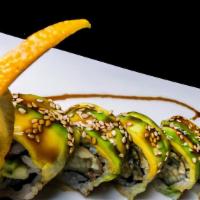 Dragon Roll · Eel and cucumber wrapped with avocado.